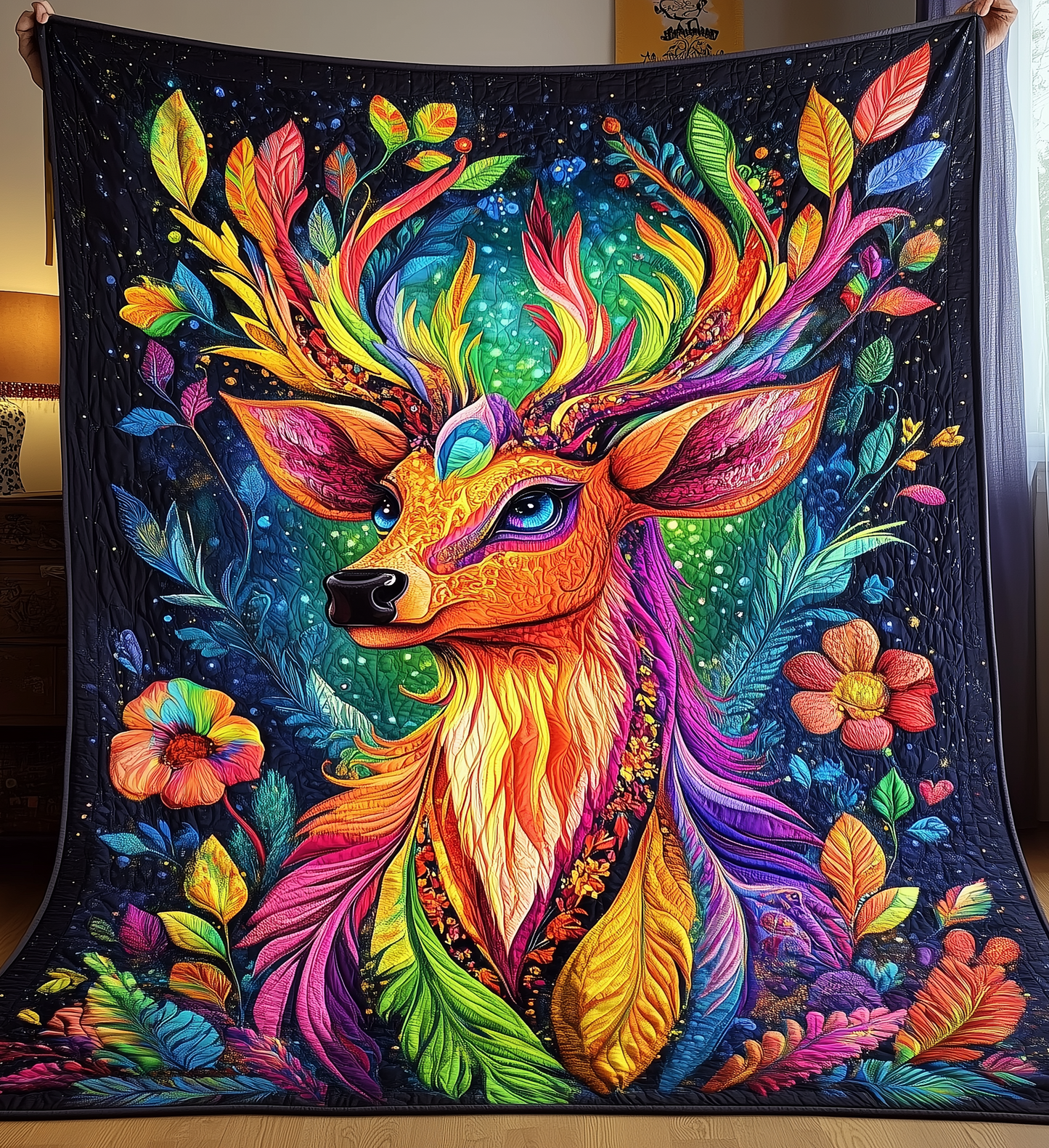 Spirit Deer Floral Quilted Blanket DENL041