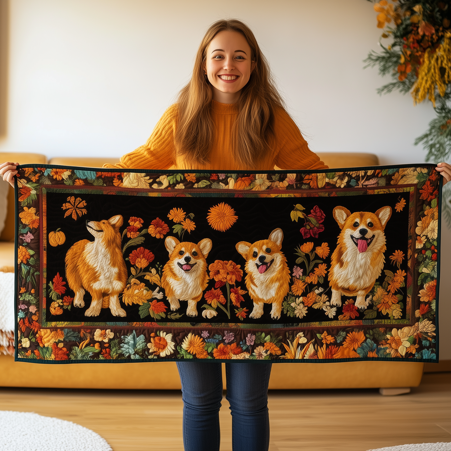 Corgi Autumn Vibe Quilted Table Runner ODDRSTL126