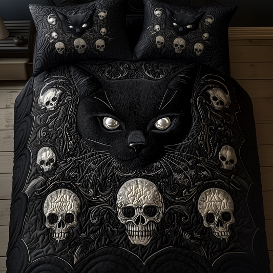 Skull And Black Cat 3-Piece Quilted Bedding Set GFTOAB1073