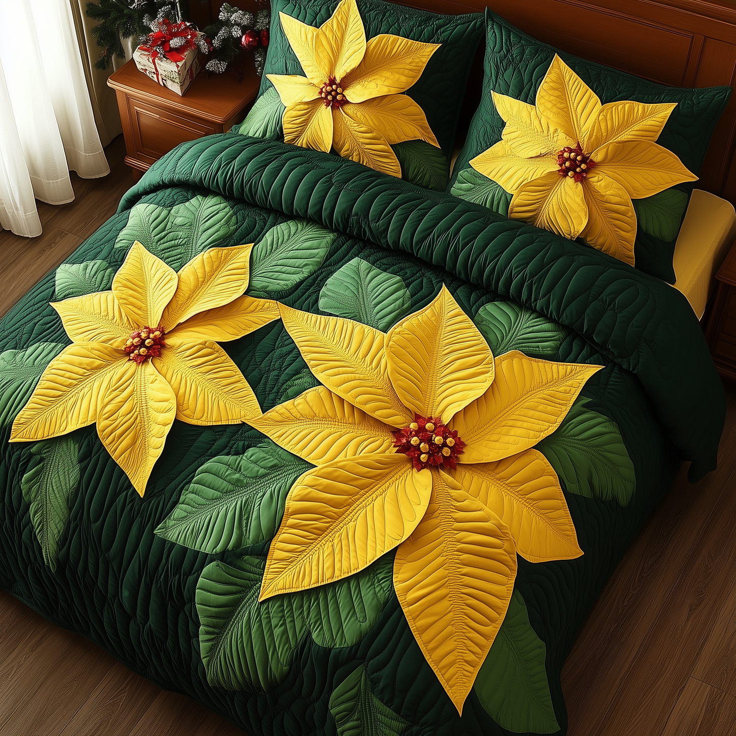 Yellow Poinsettias 3-Piece Quilted Bedding Set GFTOAB1104