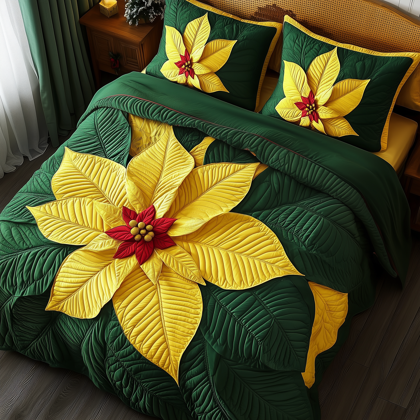 Yellow Poinsettias 3-Piece Quilted Bedding Set GFTOAB1106