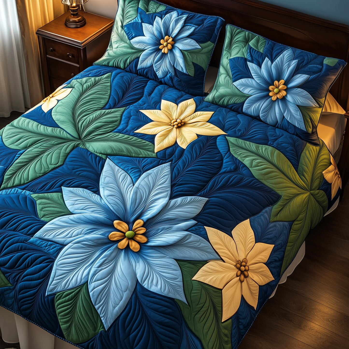 Blue Poinsettias 3-Piece Quilted Bedding Set GFTOAB1107