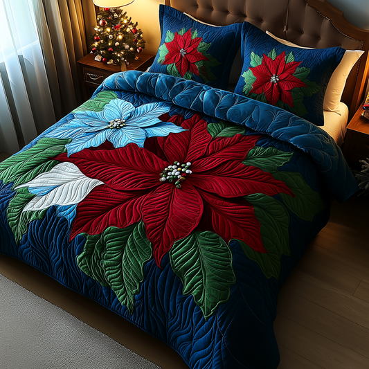 Blue Poinsettias 3-Piece Quilted Bedding Set GFTOAB1108