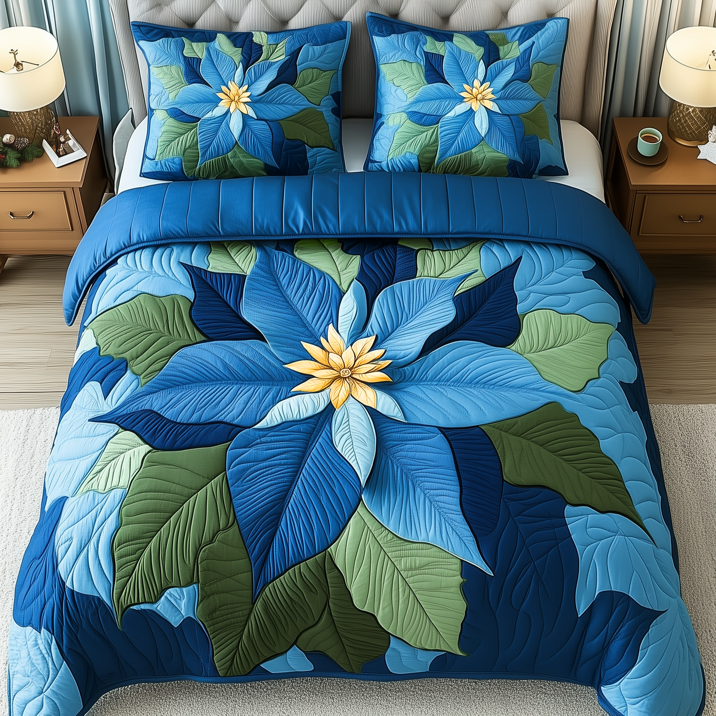 Blue Poinsettias 3-Piece Quilted Bedding Set GFTOAB1109