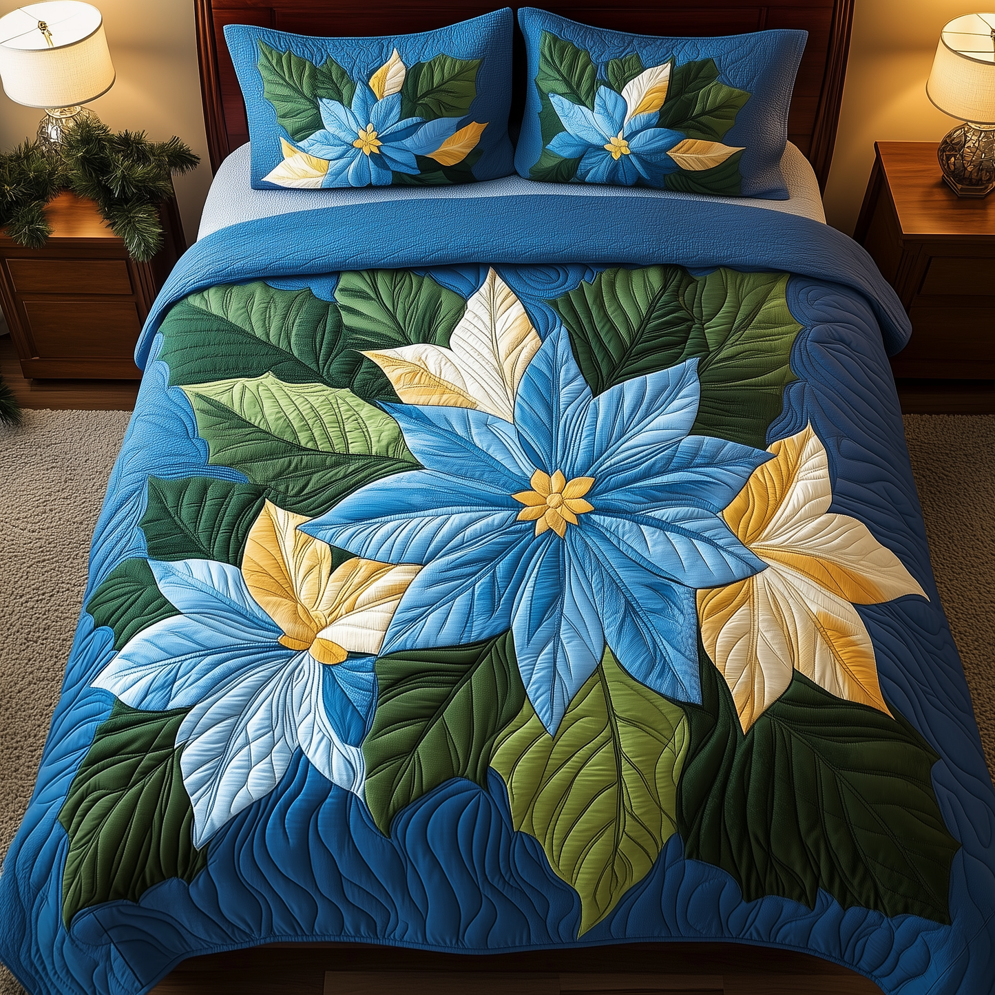 Blue Poinsettias 3-Piece Quilted Bedding Set GFTOAB1111