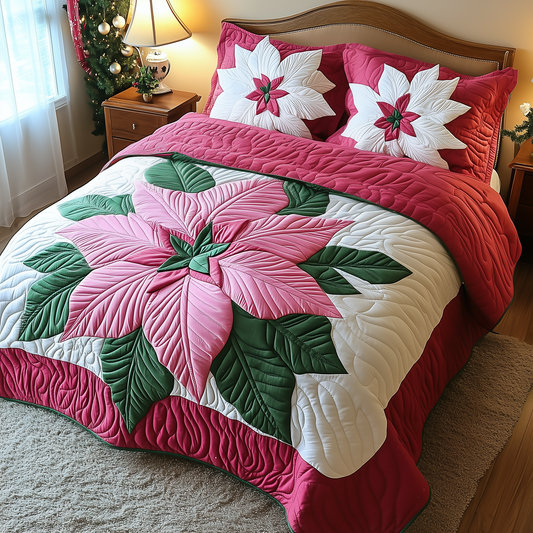 Pink Poinsettias 3-Piece Quilted Bedding Set GFTOAB1112