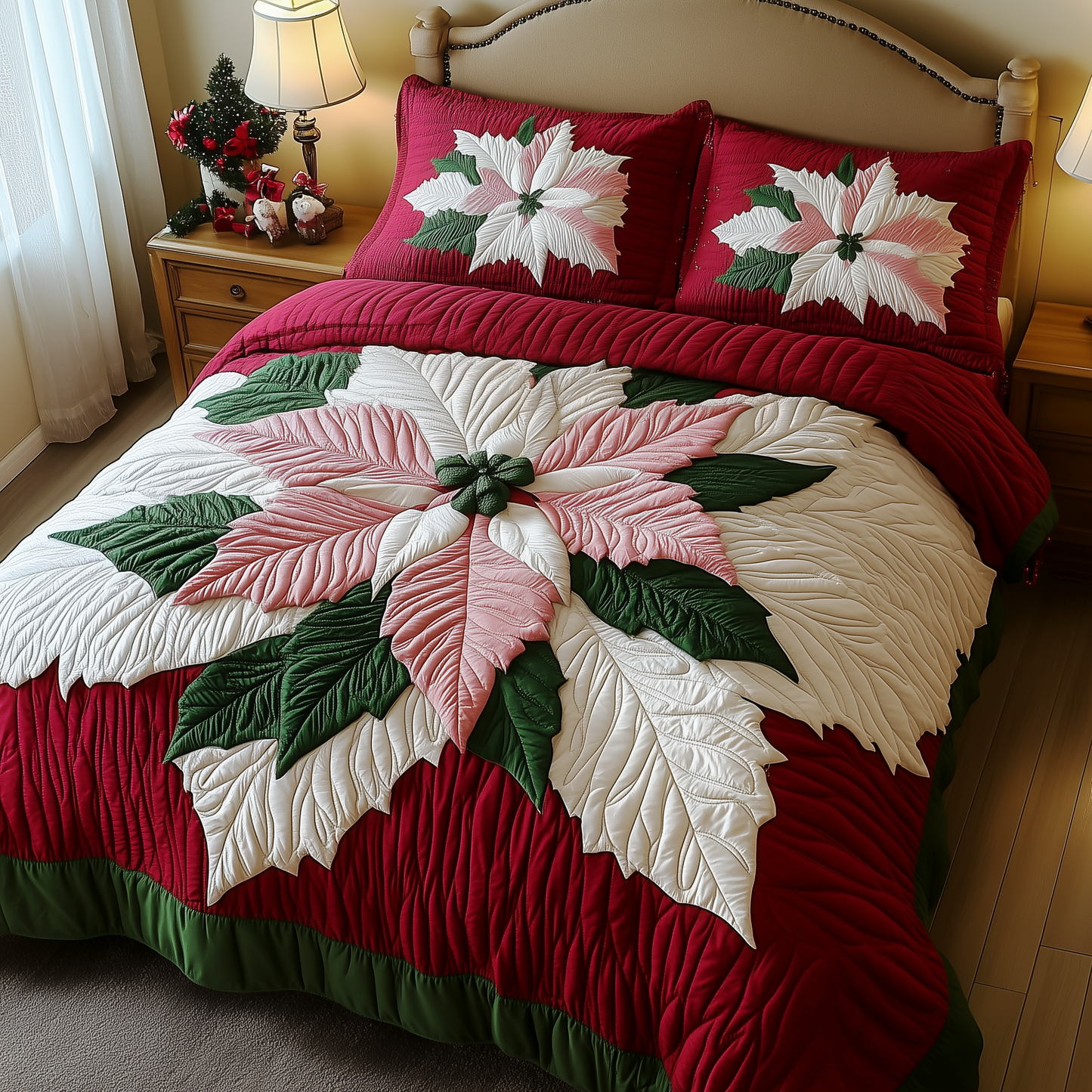 Pink Poinsettias 3-Piece Quilted Bedding Set GFTOAB1114