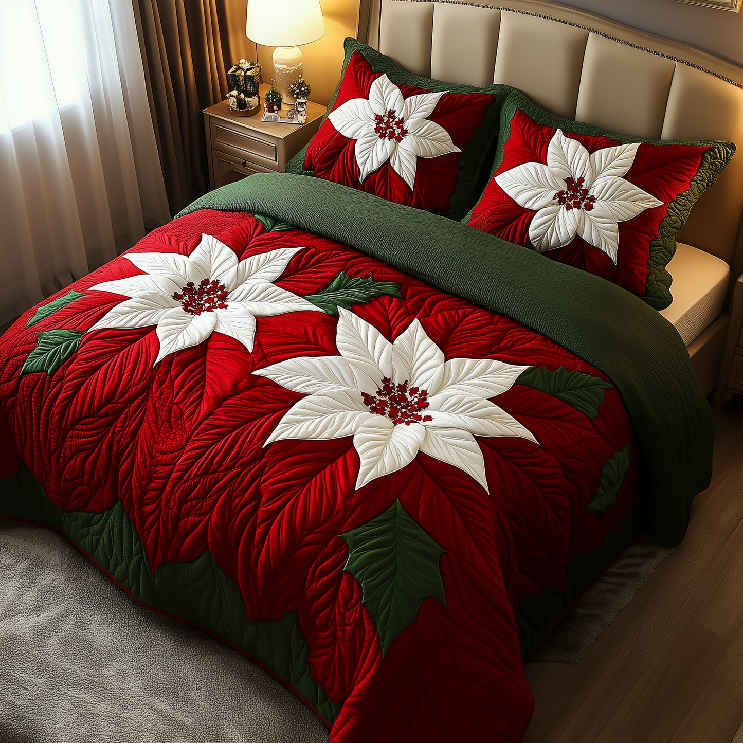 Red Poinsettias 3-Piece Quilted Bedding Set GFTOAB1116