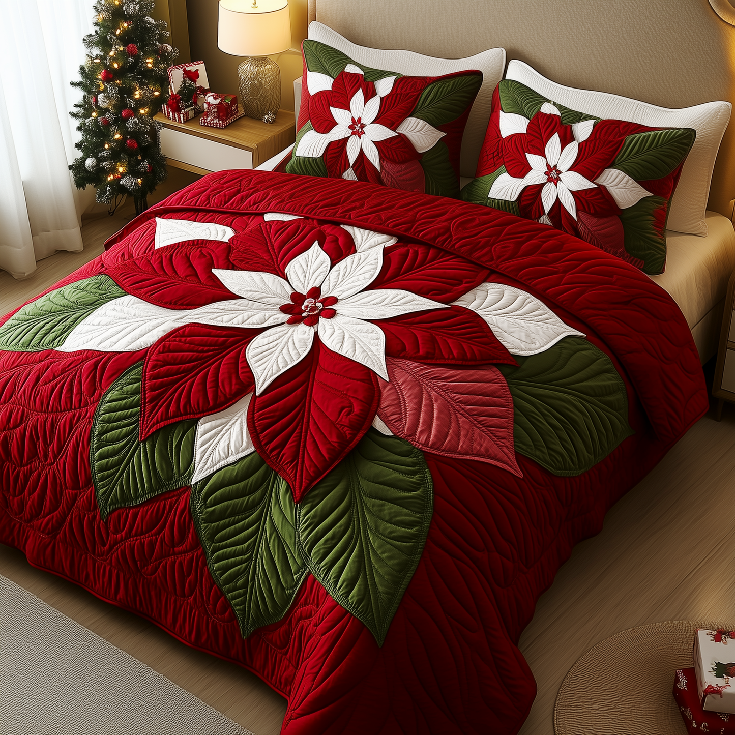 Red Poinsettias 3-Piece Quilted Bedding Set GFTOAB1117