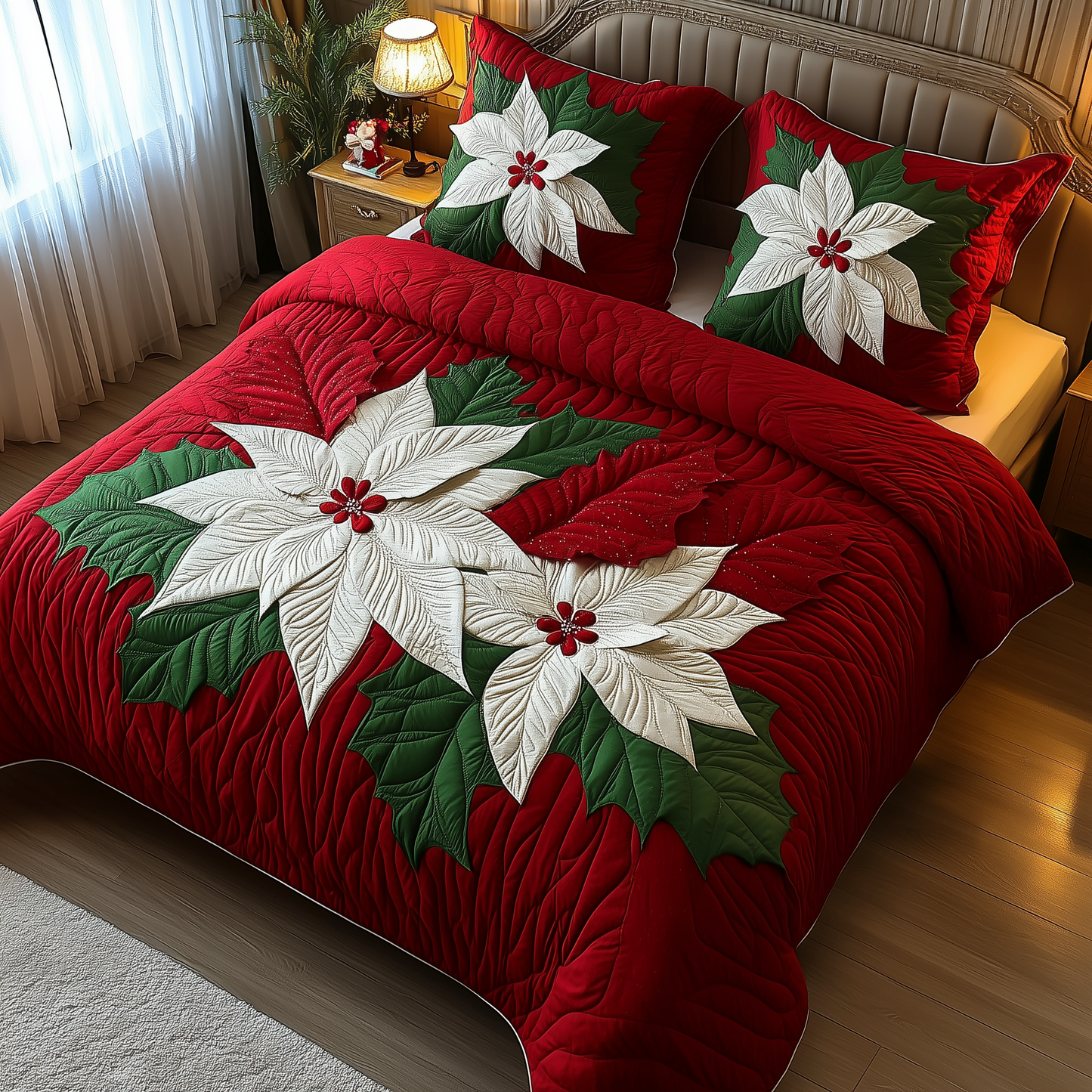 Red Poinsettias 3-Piece Quilted Bedding Set GFTOAB1118