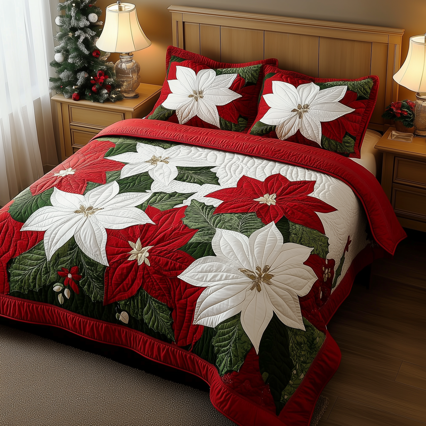 Red Poinsettias 3-Piece Quilted Bedding Set GFTOAB1119