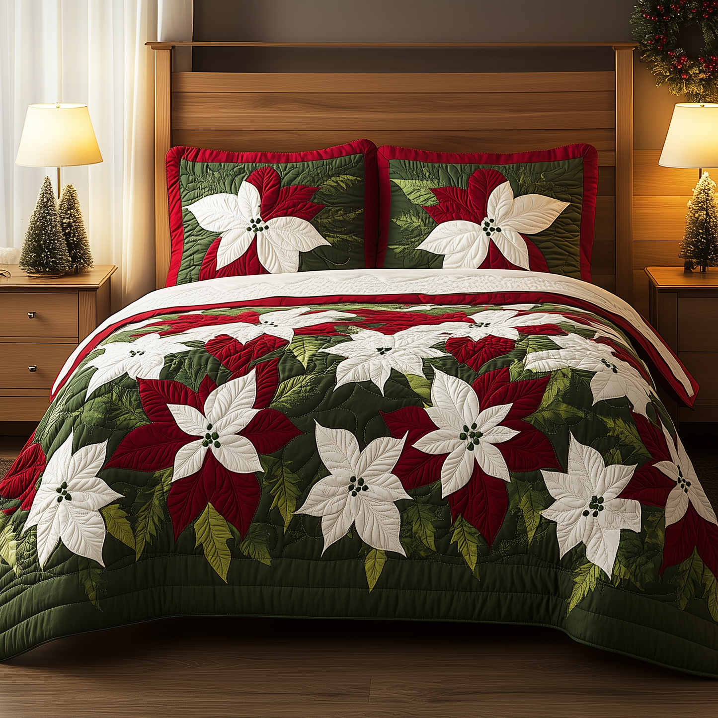 Red Poinsettias 3-Piece Quilted Bedding Set GFTOAB1120