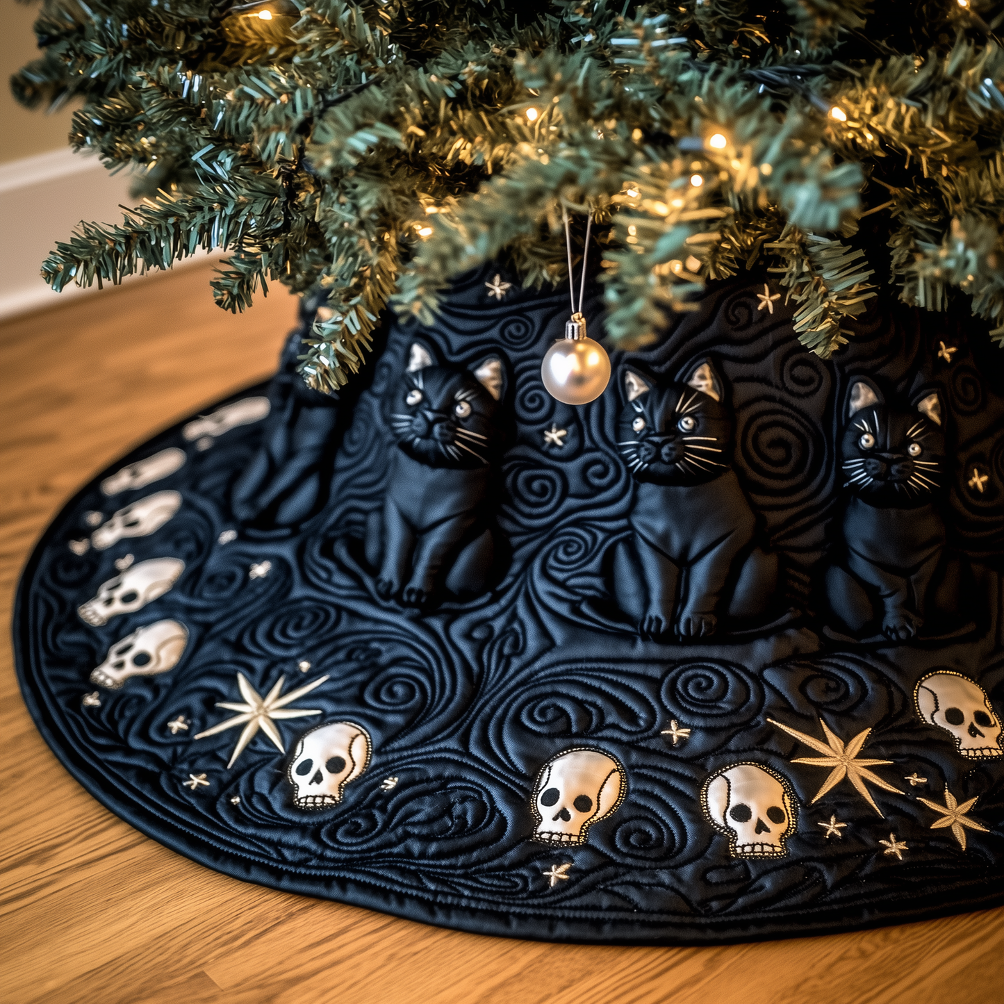 Christmas Skull And Black Cat Quilted Tree Skirt GFTOAB1139