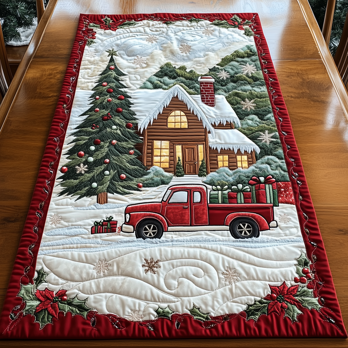 Snow Cabin And Truck Quilted Table Runner GFTOAB1241