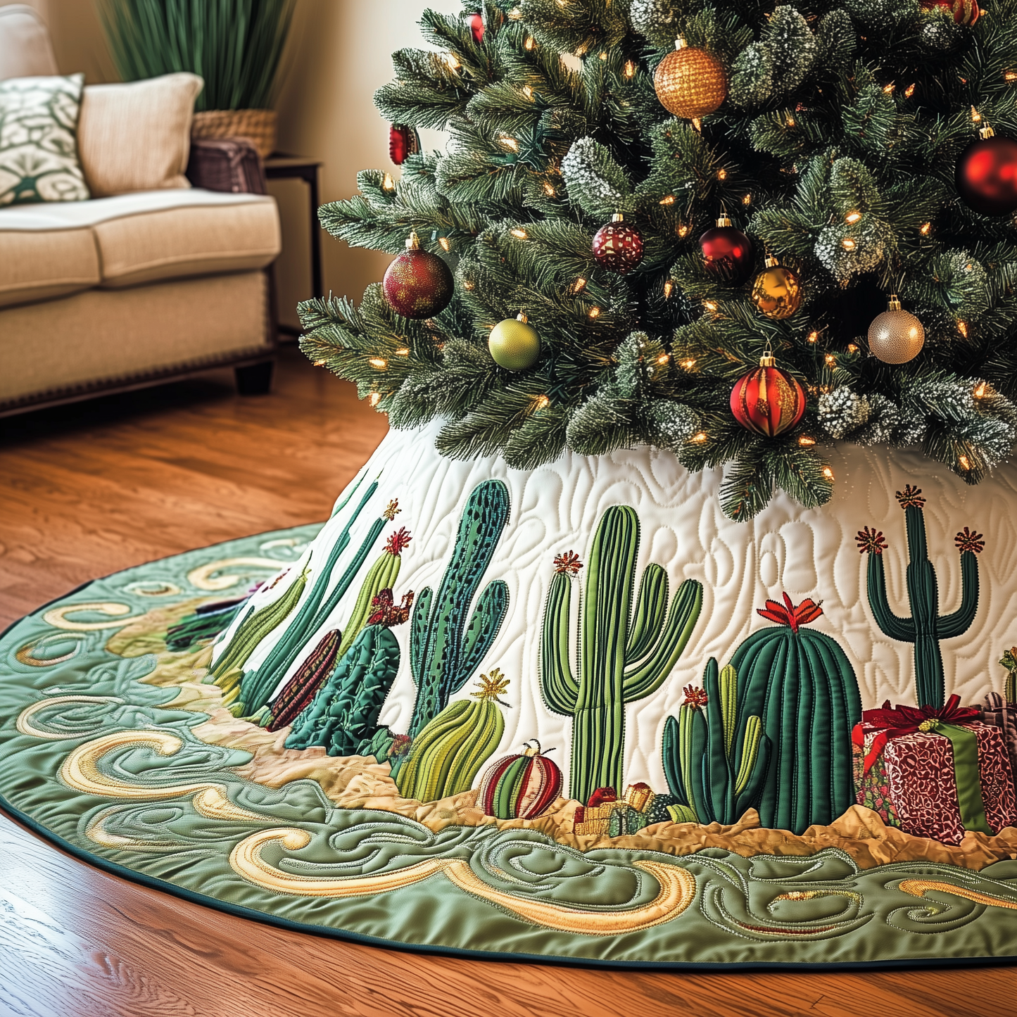 Christmas Southwest Cactus  Quilted Tree Skirt GFTOAB1453