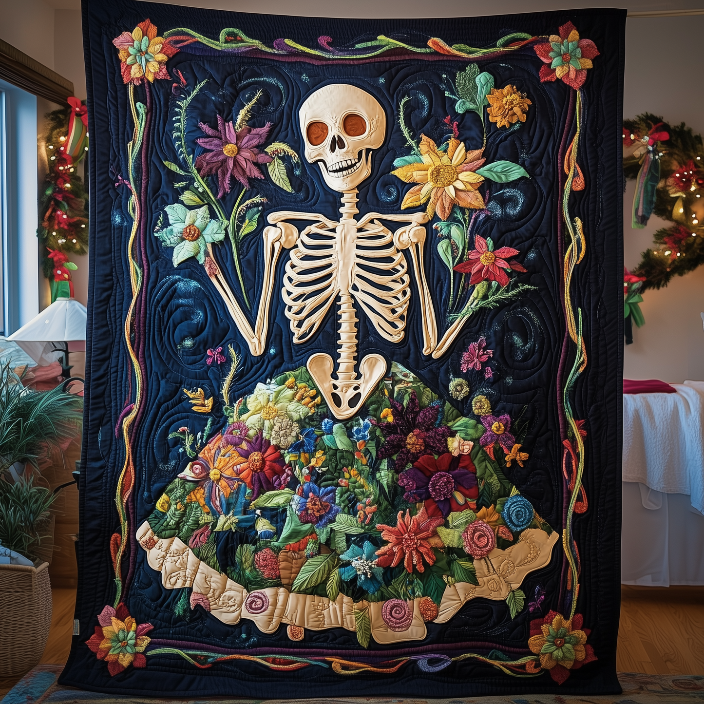 Floral Skull Quilted Blanket GFTOAB458