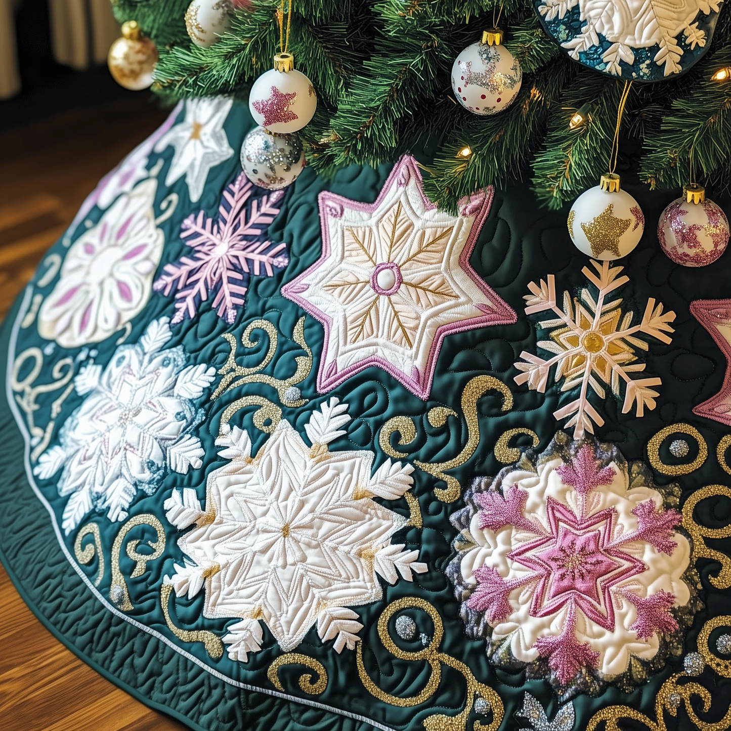 Christmas Snowflakes Quilted Tree Skirt GFTOAB633