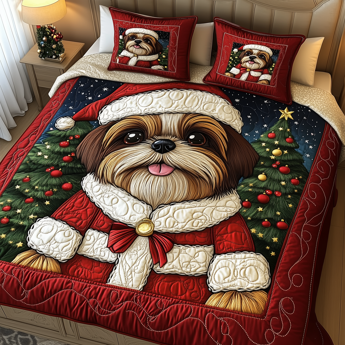 Christmas Shih Tzu 3-Piece Quilted Bedding Set GFTOAB683