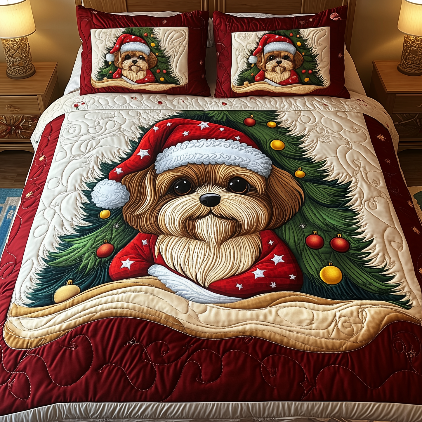 Christmas Shih Tzu 3-Piece Quilted Bedding Set GFTOAB684