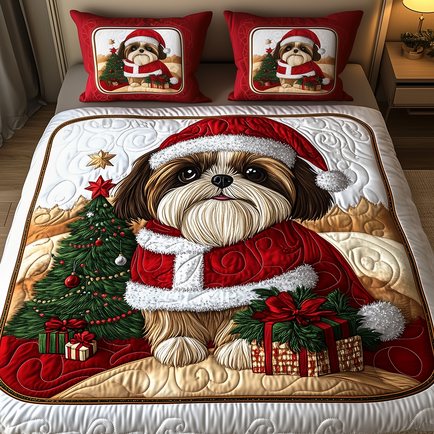 Christmas Shih Tzu 3-Piece Quilted Bedding Set GFTOAB685