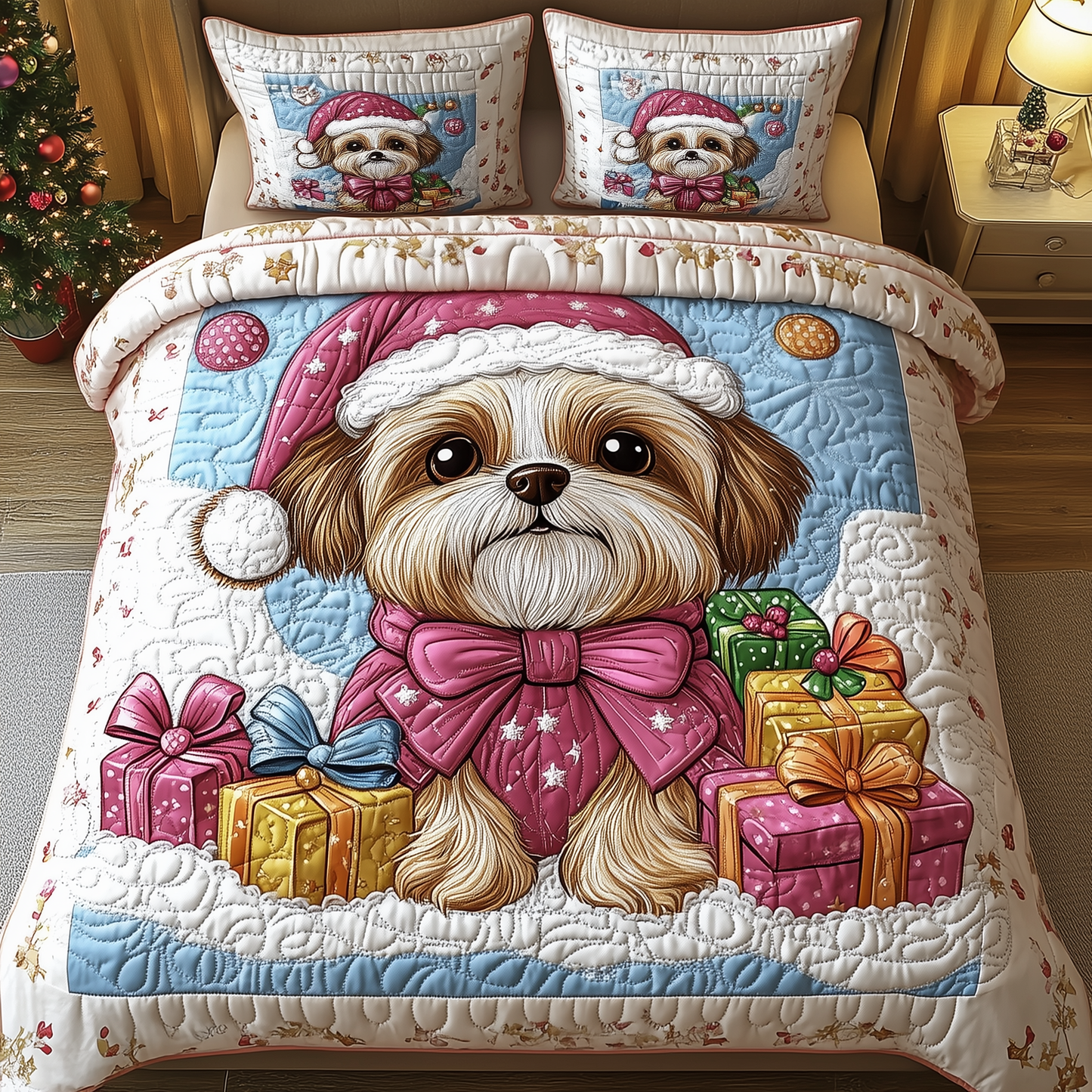 Christmas Shih Tzu 3-Piece Quilted Bedding Set GFTOAB686