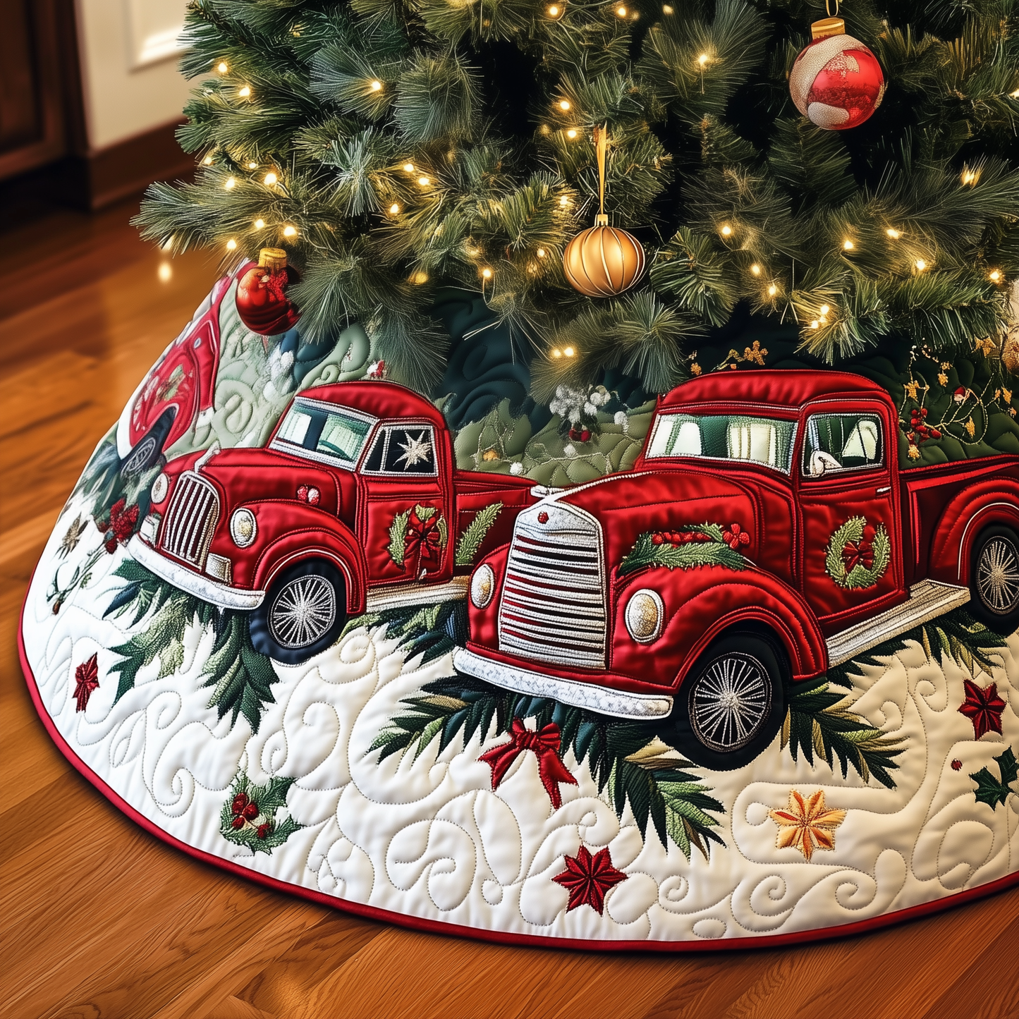 Christmas Red Truck Quilted Tree Skirt GFTOAB786