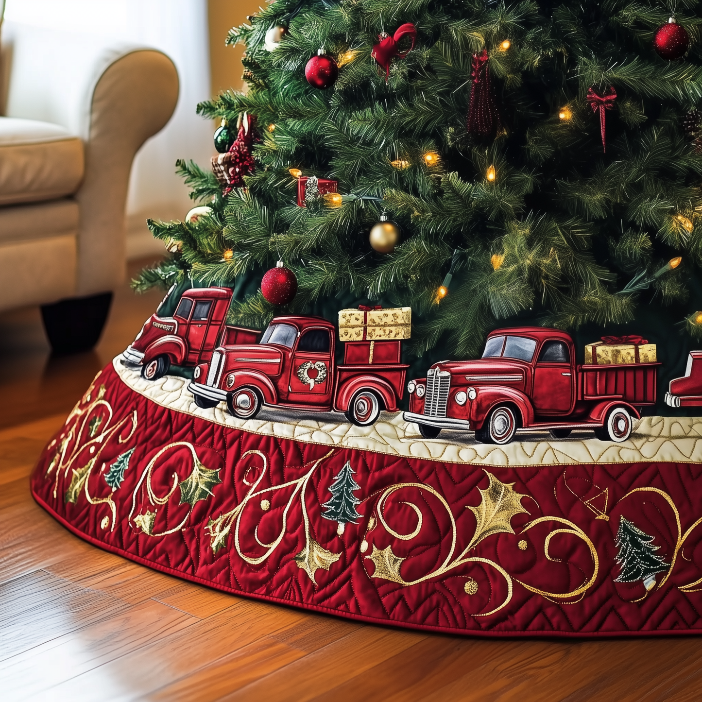 Christmas Red Truck Quilted Tree Skirt GFTOAB790