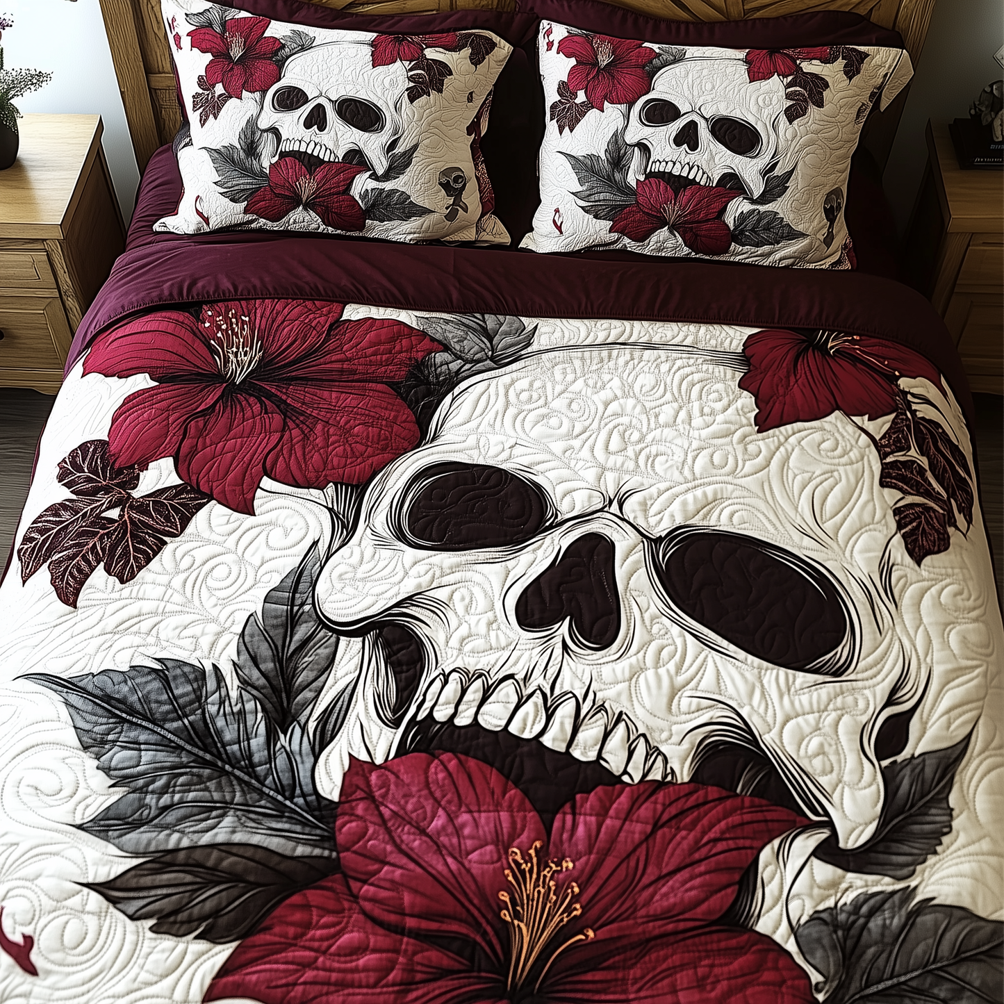 Skull Hibiscus 3-Piece Quilted Bedding Set GFTOAB819