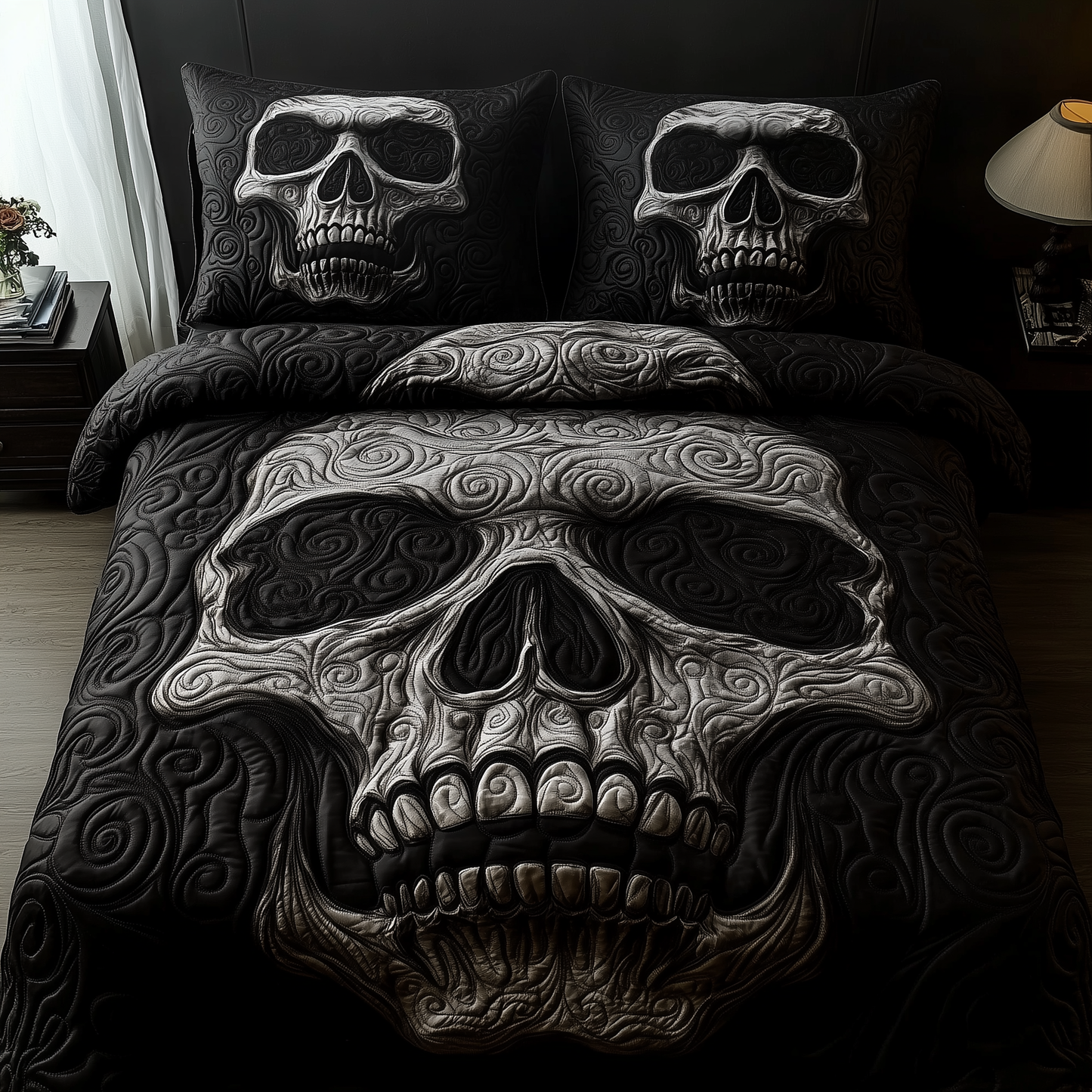 Black Skull 3-Piece Quilted Bedding Set GFTOAB821