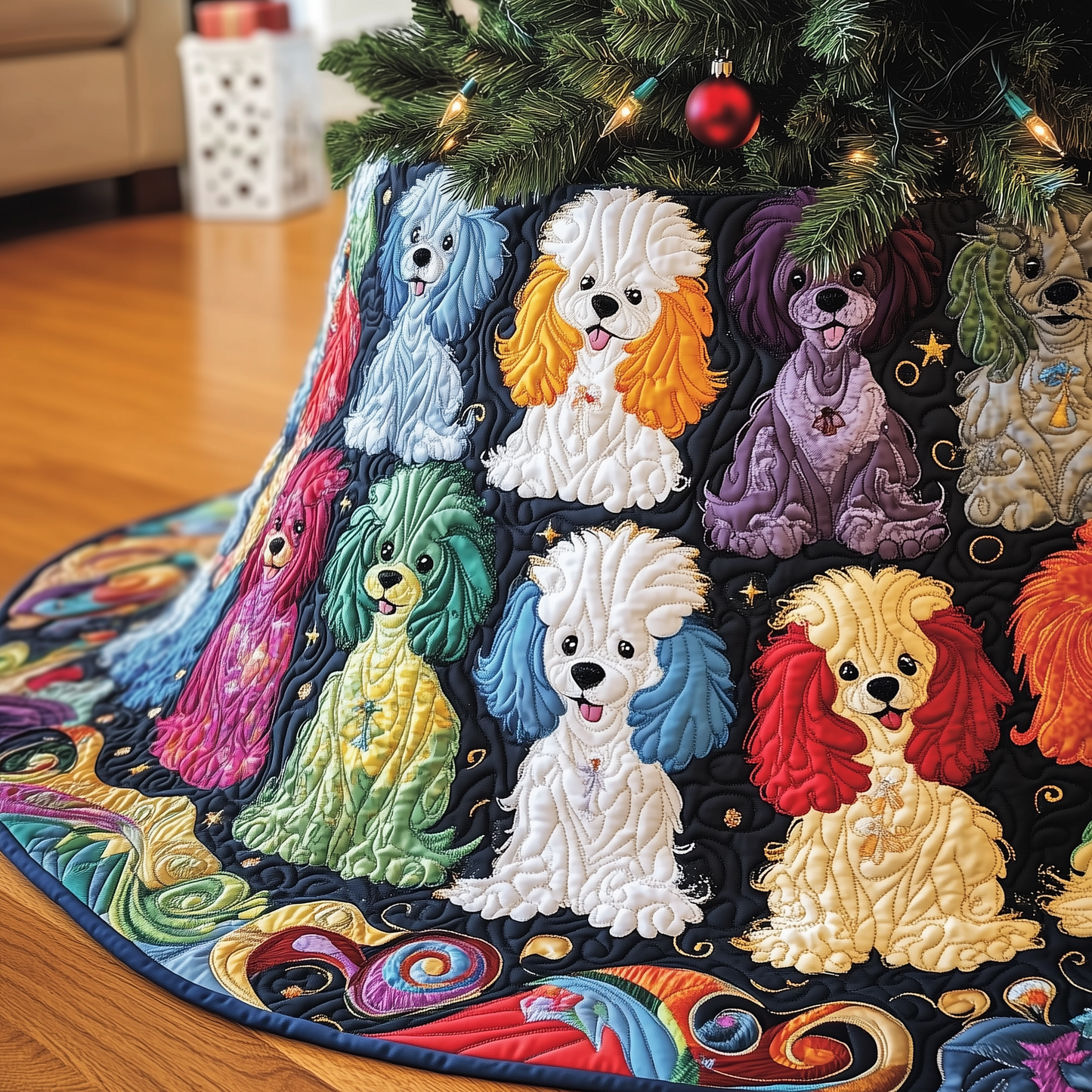 Christmas Colorful Poodle Quilted Tree Skirt GFTOAB911