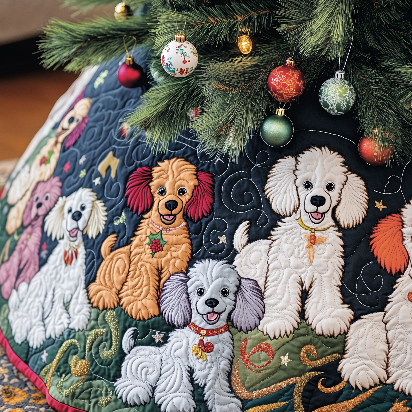 Christmas Colorful Poodle Quilted Tree Skirt GFTOAB917