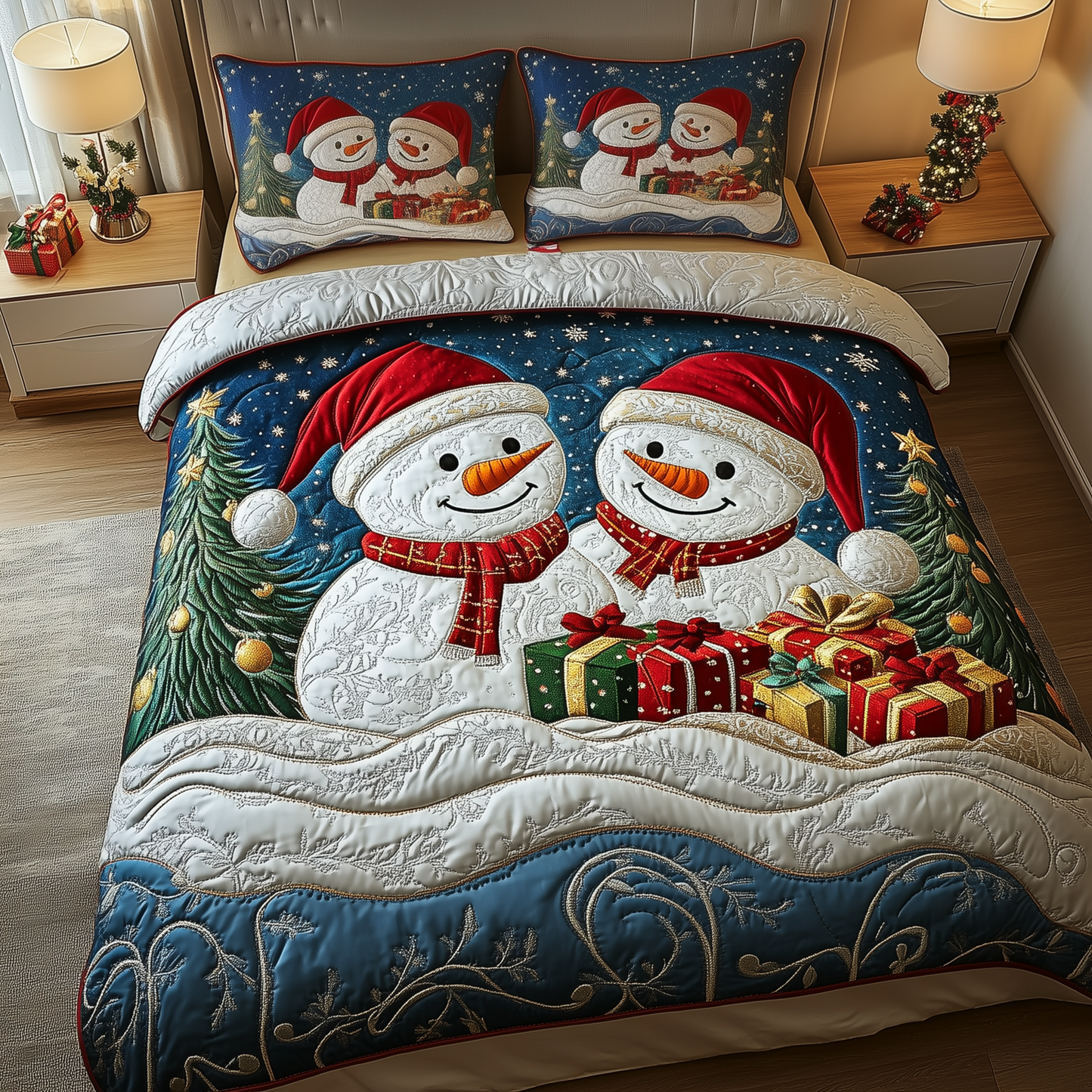 Holiday Cheerful Snowman 3-Piece Quilted Bedding Set GFTOHD1010