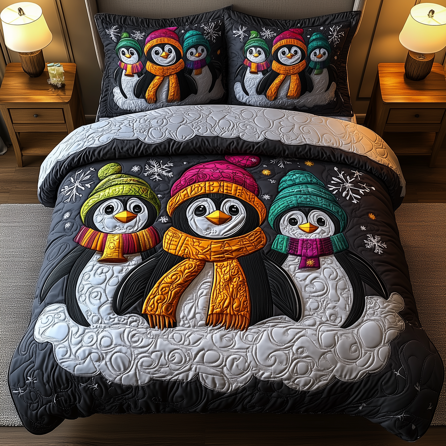 Snowy Penguin Delight 3-Piece Quilted Bedding Set GFTOHD1049