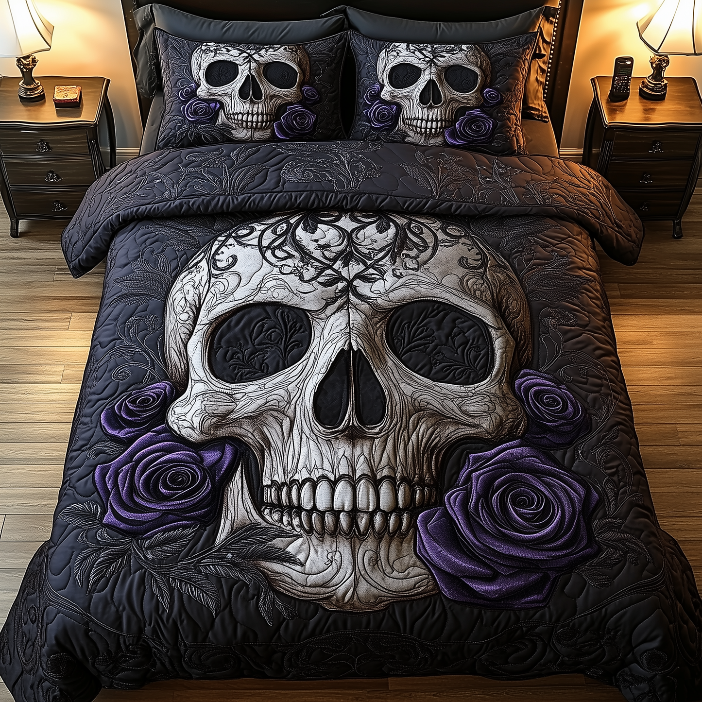 Violet Rose Skull 3-Piece Quilted Bedding Set GFTOHD1102