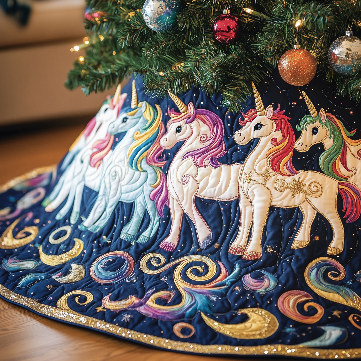 Christmas Joyful Unicorn Quilted Tree Skirt GFTOHD1129