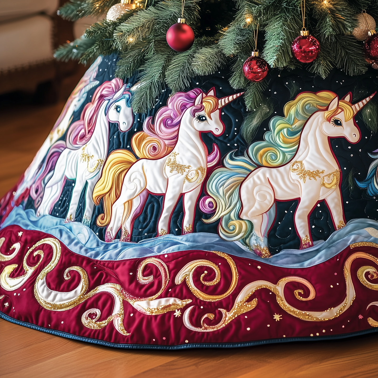 Christmas Joyful Unicorn Quilted Tree Skirt GFTOHD1130