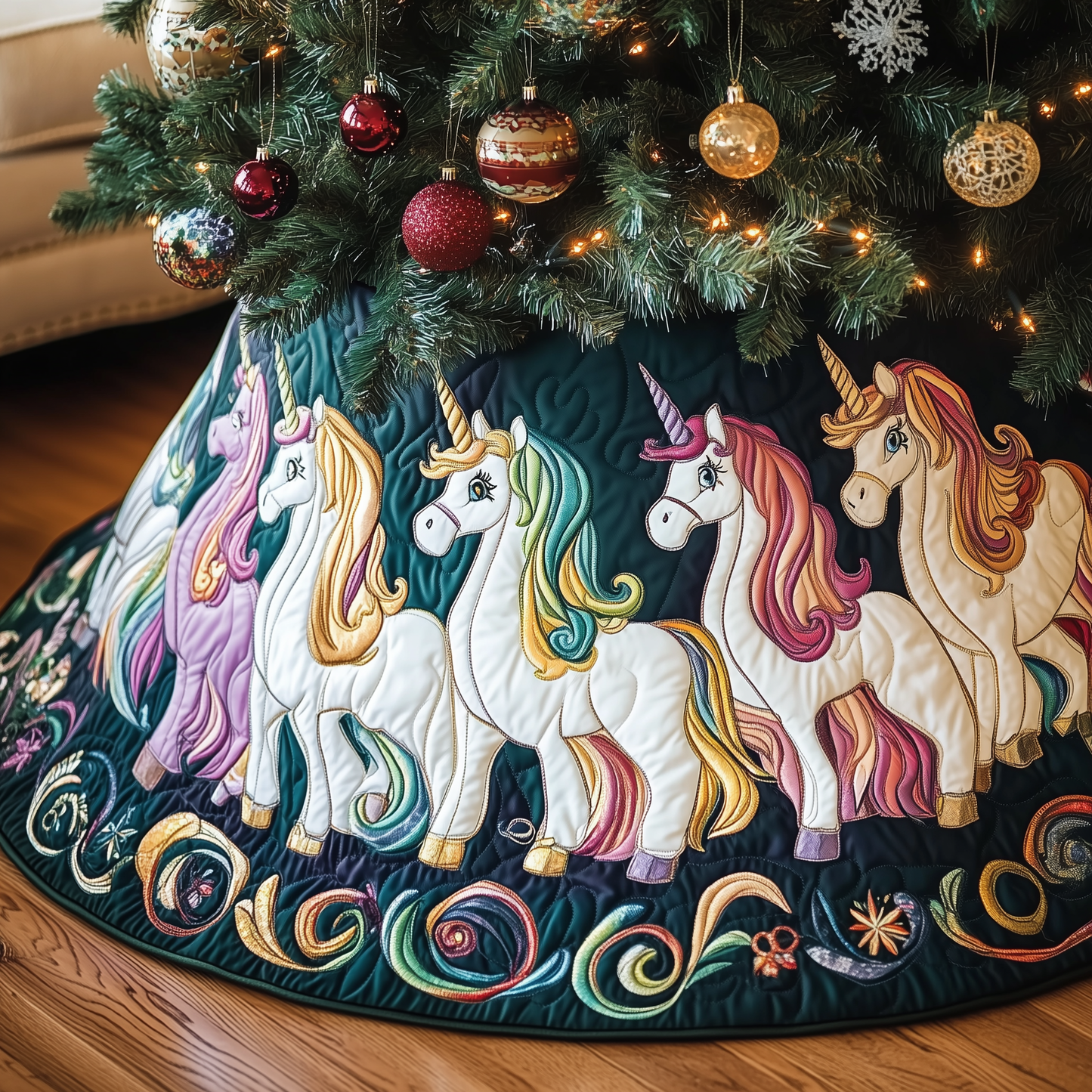 Christmas Joyful Unicorn Quilted Tree Skirt GFTOHD1132