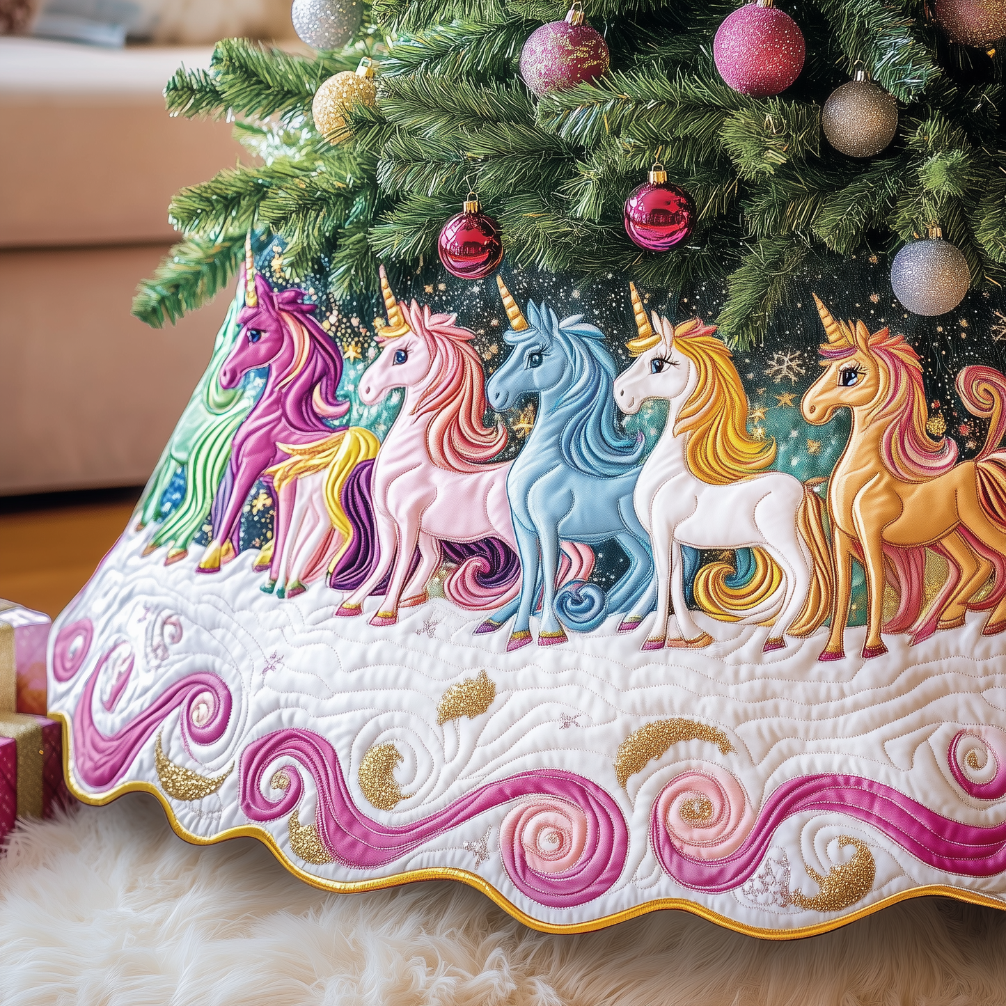 Christmas Joyful Unicorn Quilted Tree Skirt GFTOHD1134