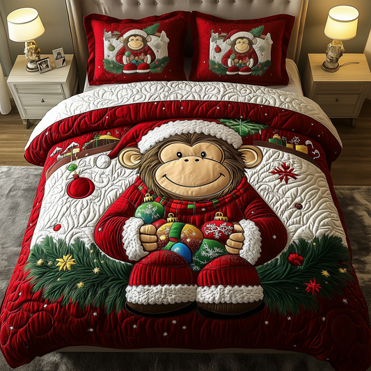 Christmas Joyful  Monkey 3-Piece Quilted Bedding Set GFTOHD1146