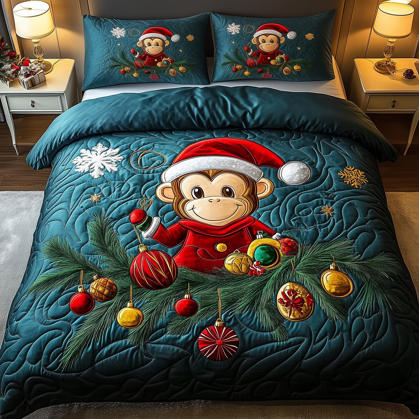 Christmas Joyful  Monkey 3-Piece Quilted Bedding Set GFTOHD1149