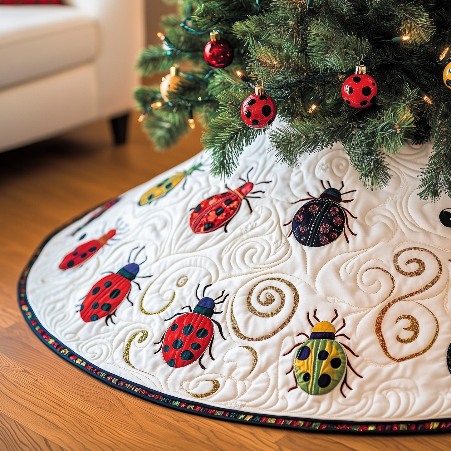 Christmas Joyful Ladybug Quilted Tree Skirt GFTOHD1218