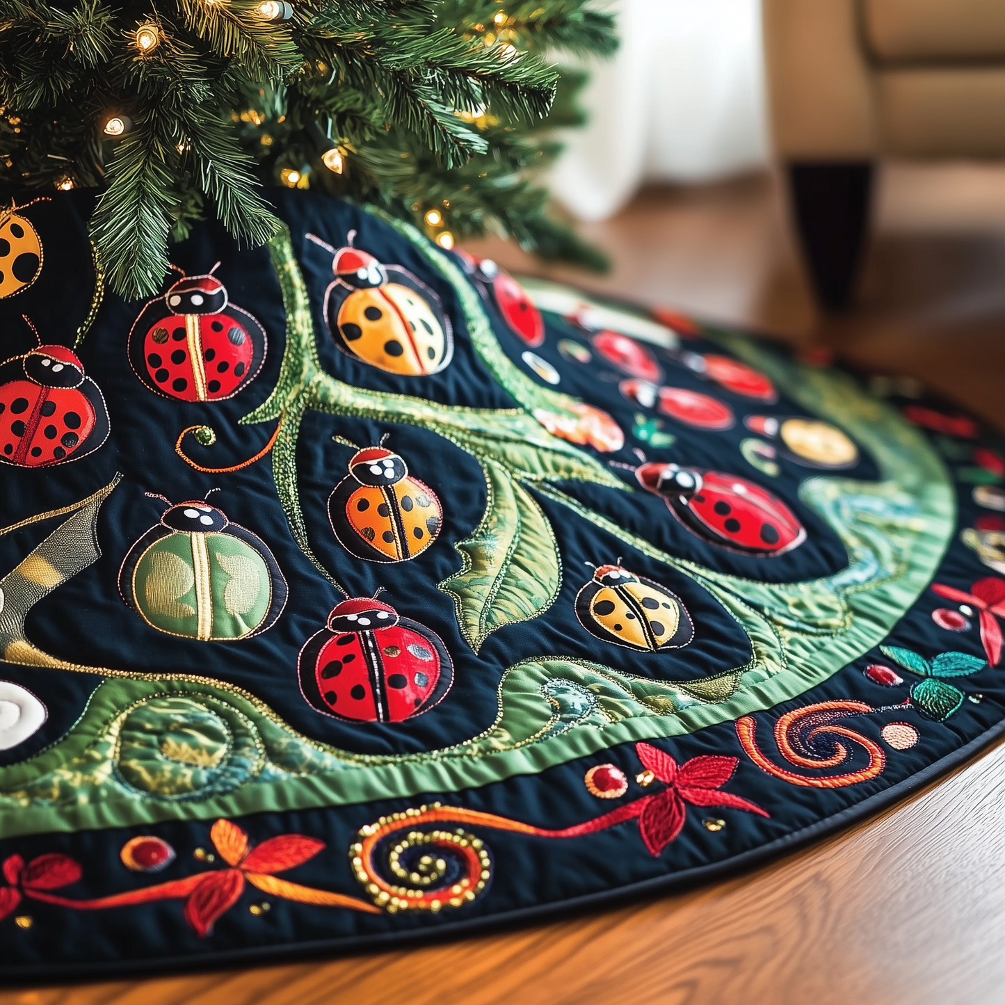 Christmas Joyful Ladybug Quilted Tree Skirt GFTOHD1222