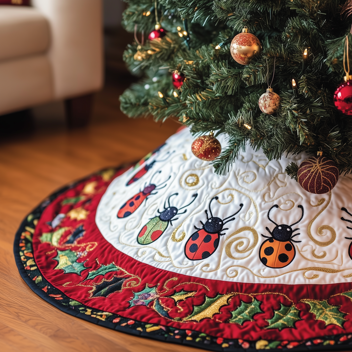 Christmas Joyful Ladybug Quilted Tree Skirt GFTOHD1224