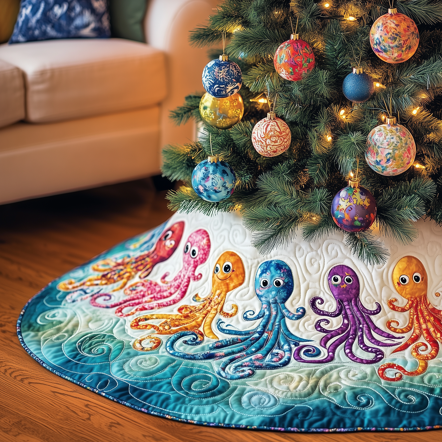 Christmas Joyful Octopus Quilted Tree Skirt GFTOHD1263