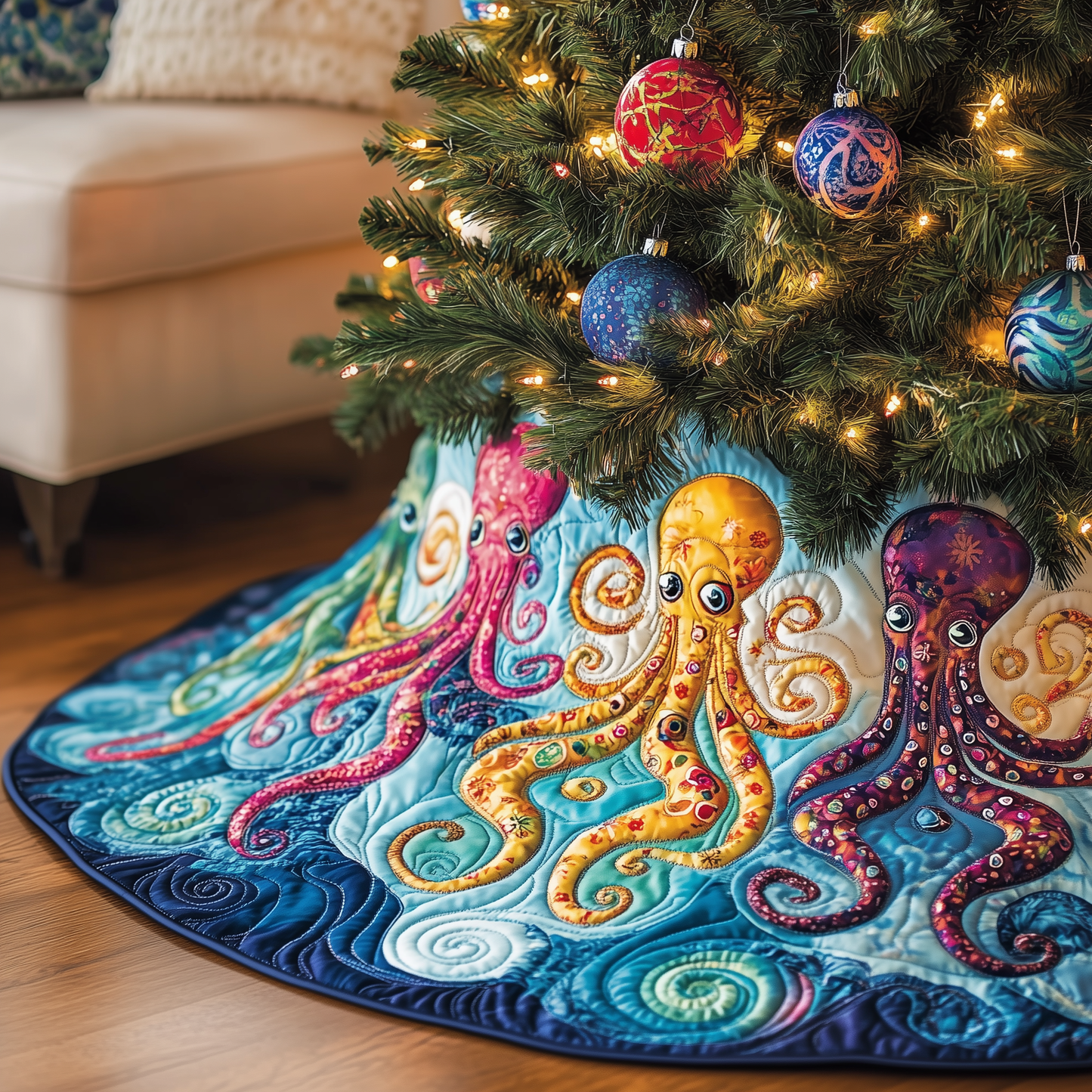 Christmas Joyful Octopus Quilted Tree Skirt GFTOHD1264