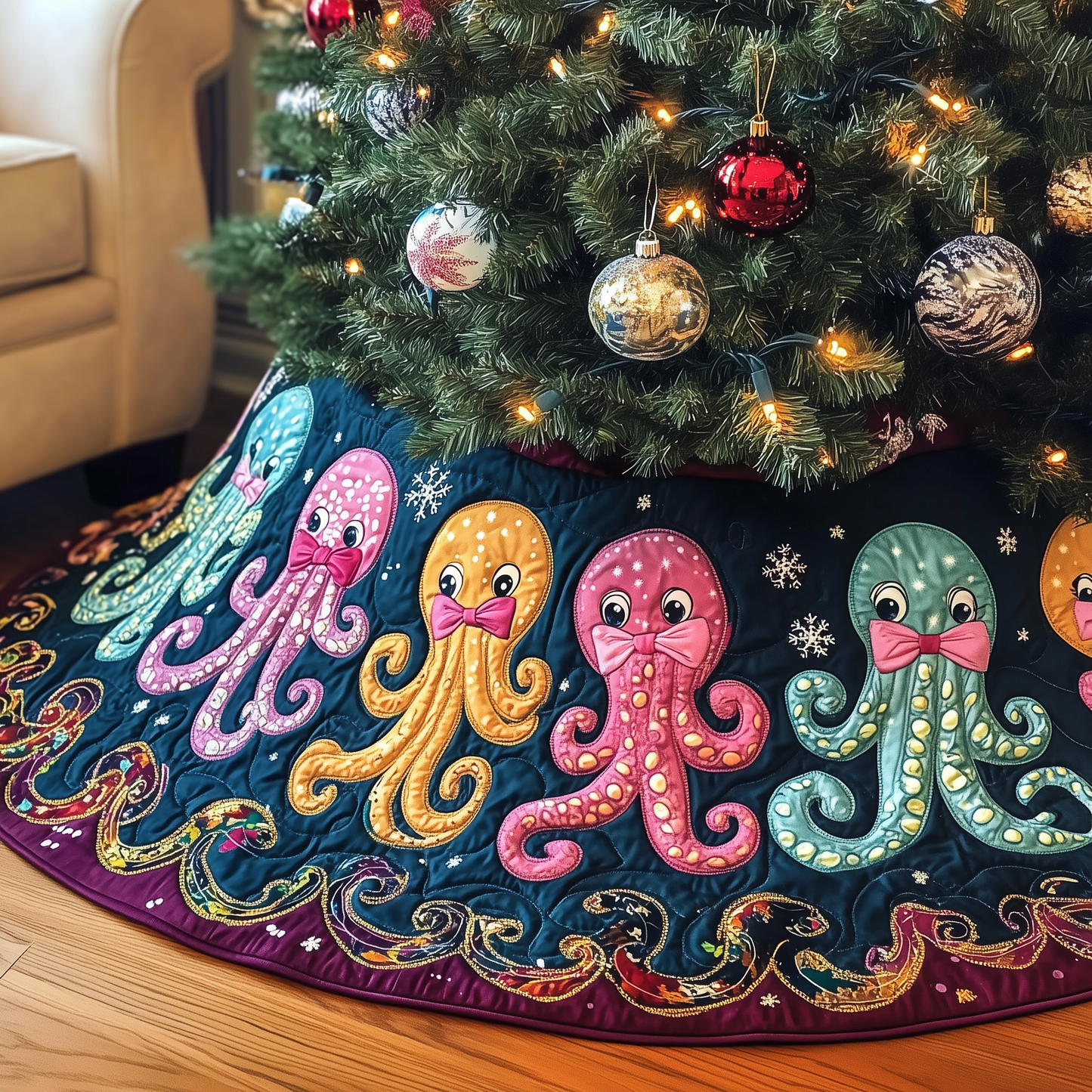 Christmas Joyful Octopus Quilted Tree Skirt GFTOHD1267