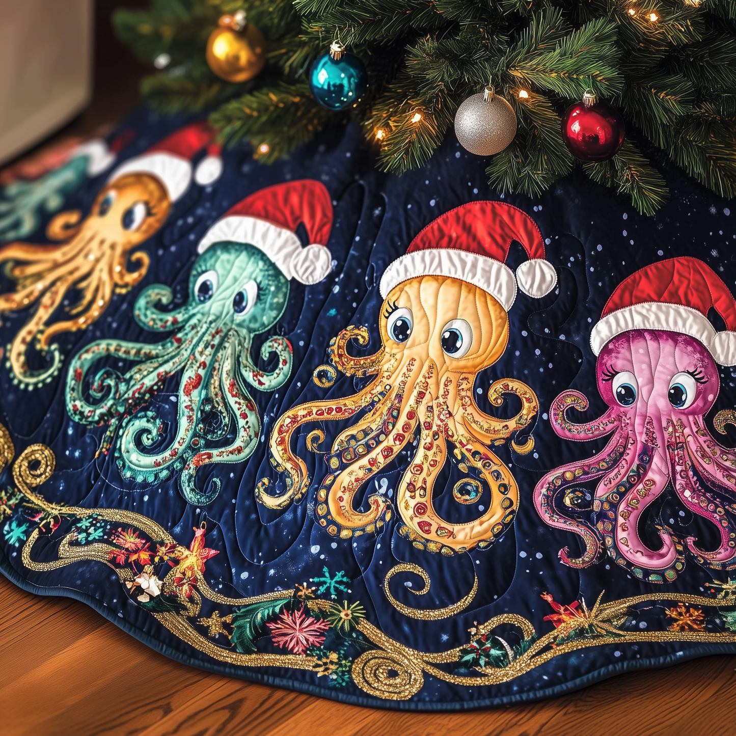 Christmas Joyful Octopus Quilted Tree Skirt GFTOHD1268