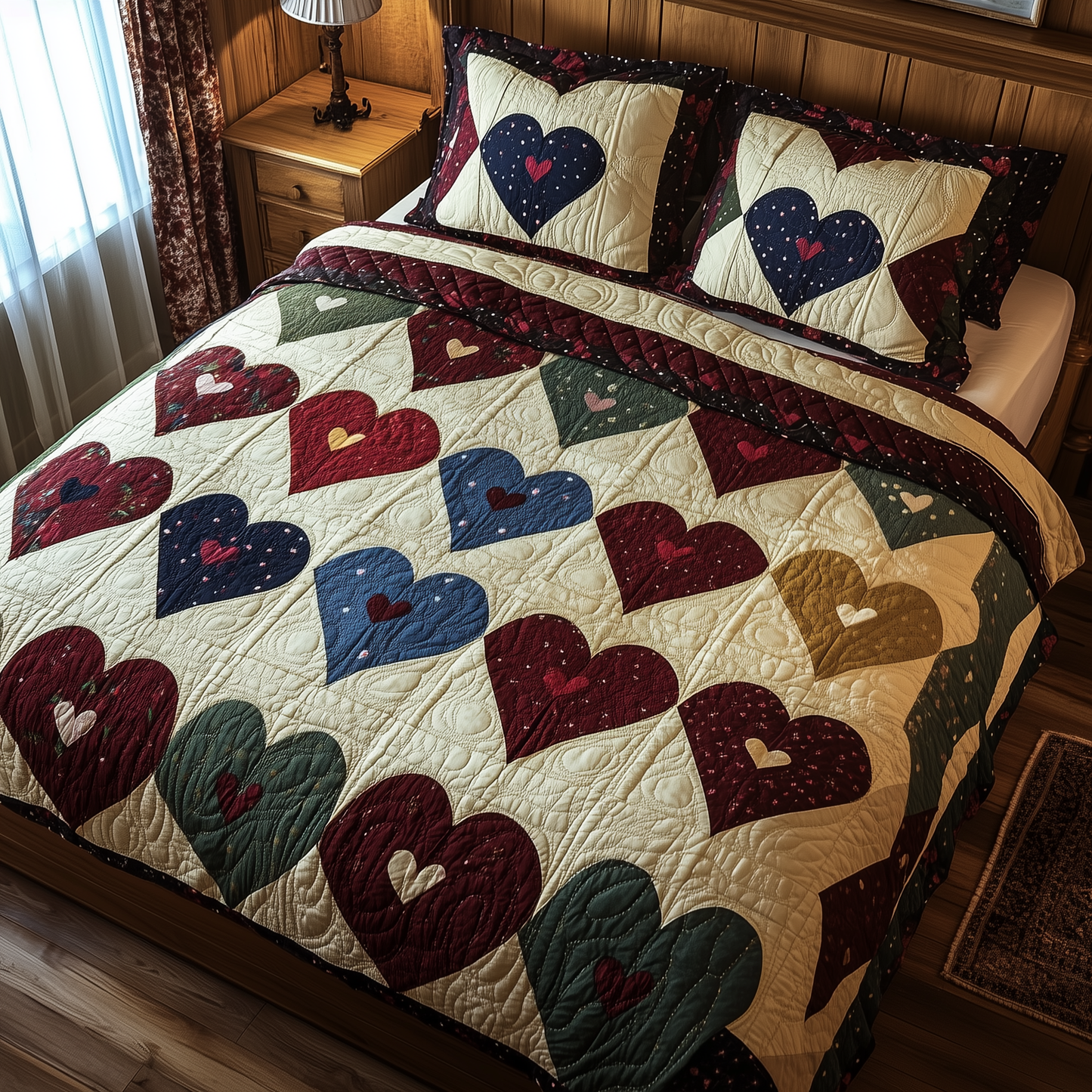 Burgundy Heart Shape 3-Piece Quilted Bedding Set GFTOHD441