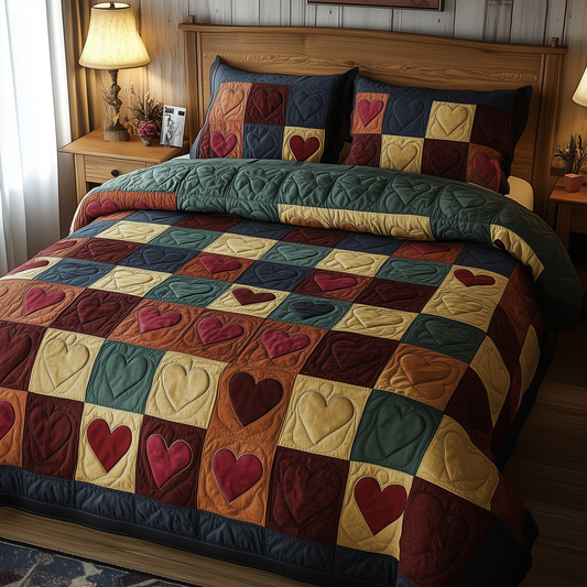 Burgundy Heart Shape 3-Piece Quilted Bedding Set GFTOHD442