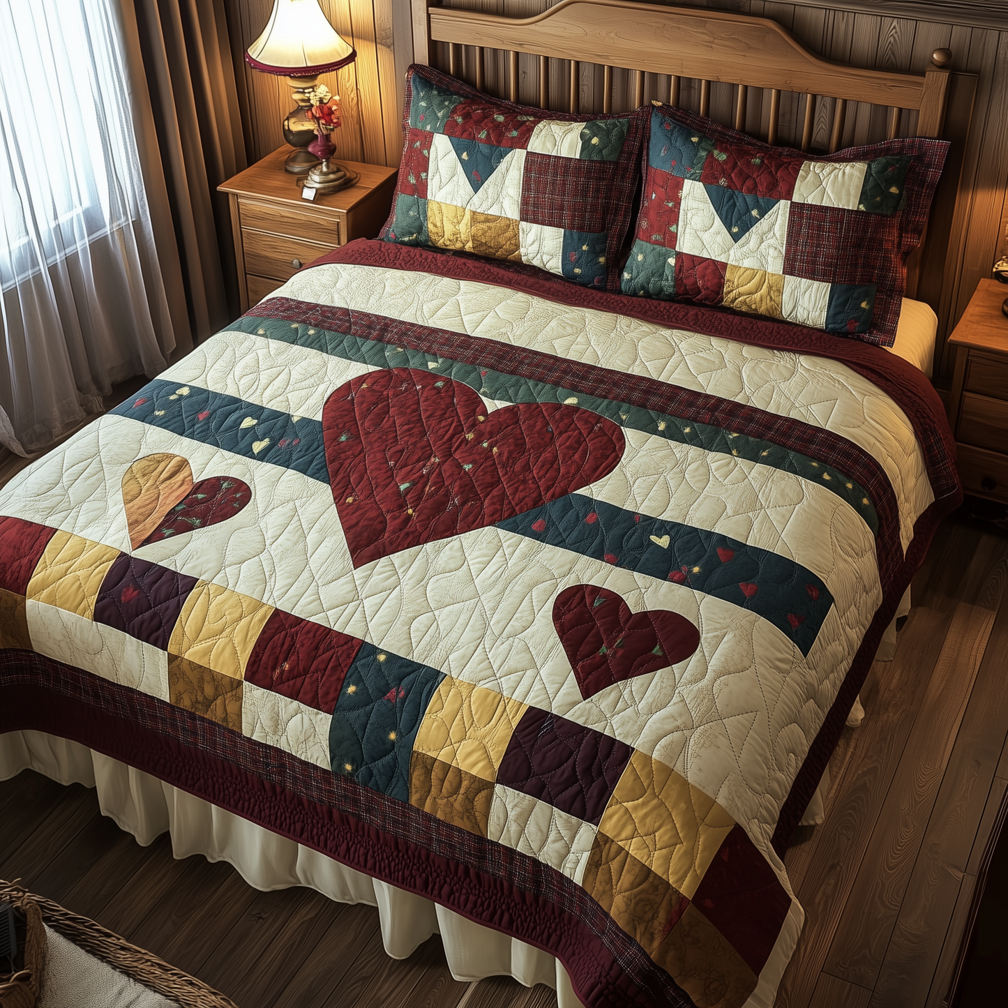 Burgundy Heart Shape 3-Piece Quilted Bedding Set GFTOHD443